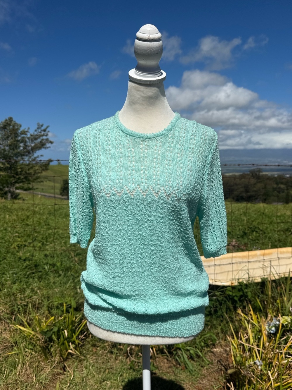 Vintage 80s Parteners Mervyns Green Retro Short Sleeve Croquette Knit Sweater S